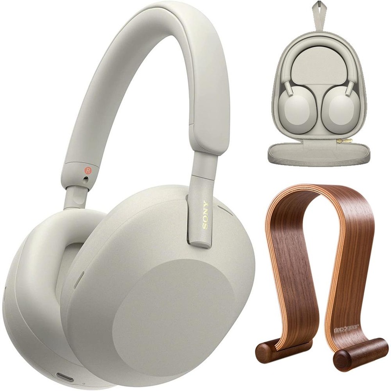 Sony WH-1000XM5 Wireless Noise Canceling Headphones, White + Wood Headphone Stand