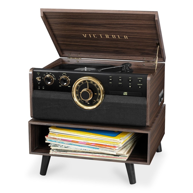 Victrola 6-in-1 Wood Bluetooth Mid Century Record Player 3-Speed Turntable with Stand