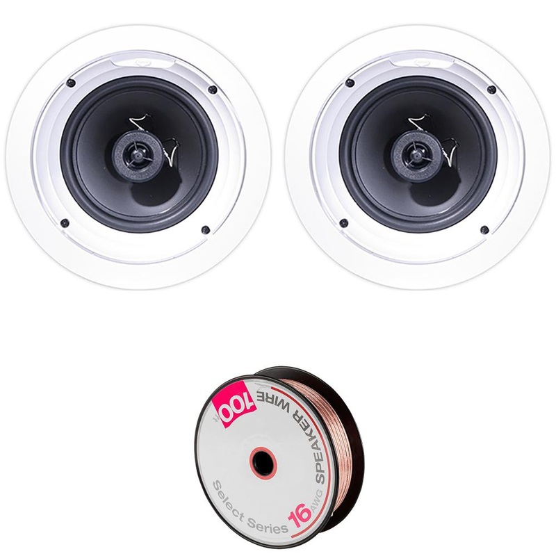 Klipsch R-1650-C In-Ceiling Speaker, White (2-Pack) + 100ft long Speaker Wire