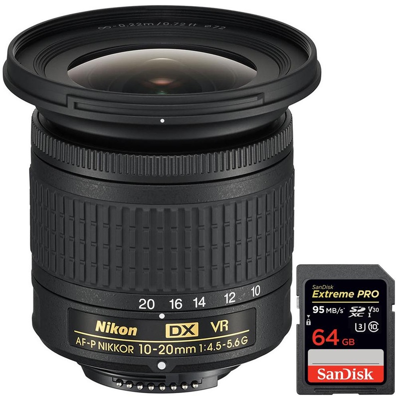 Nikon AF-P DX NIKKOR 10-20mm f/4.5-5.6G VR Lens + SDXC 64GB UHS-1 Memory Card