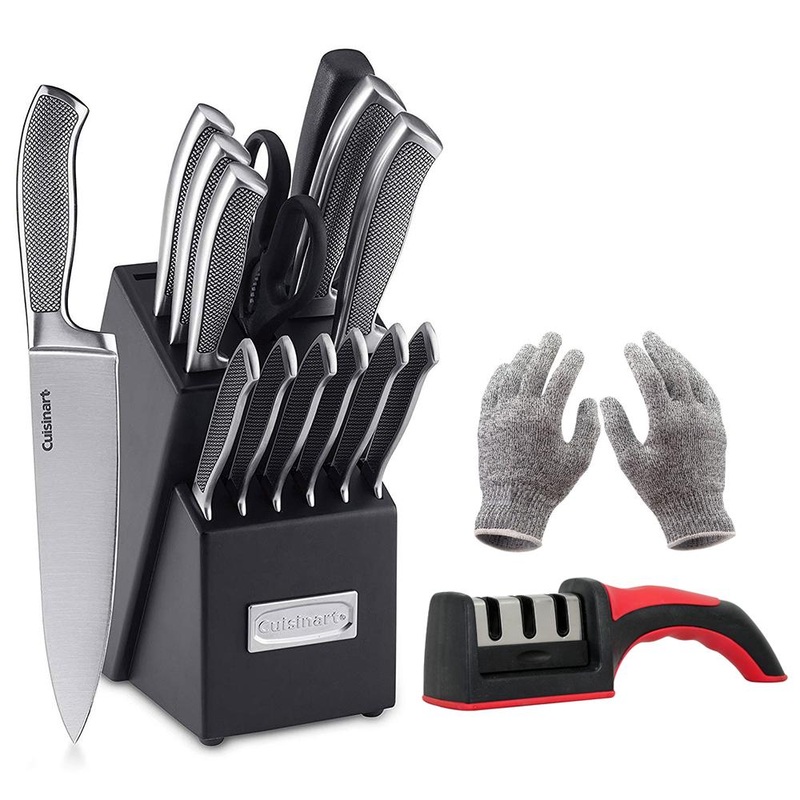 Cuisinart 15-Piece Cutlery Knife Block Set Steel with Knife Sharpener and Gloves
