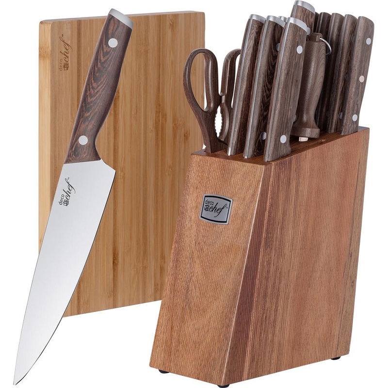 Deco Chef 16 Piece Knife Set w/ Wedge Handles; Shears; Block; and Cutting Board - Open Box