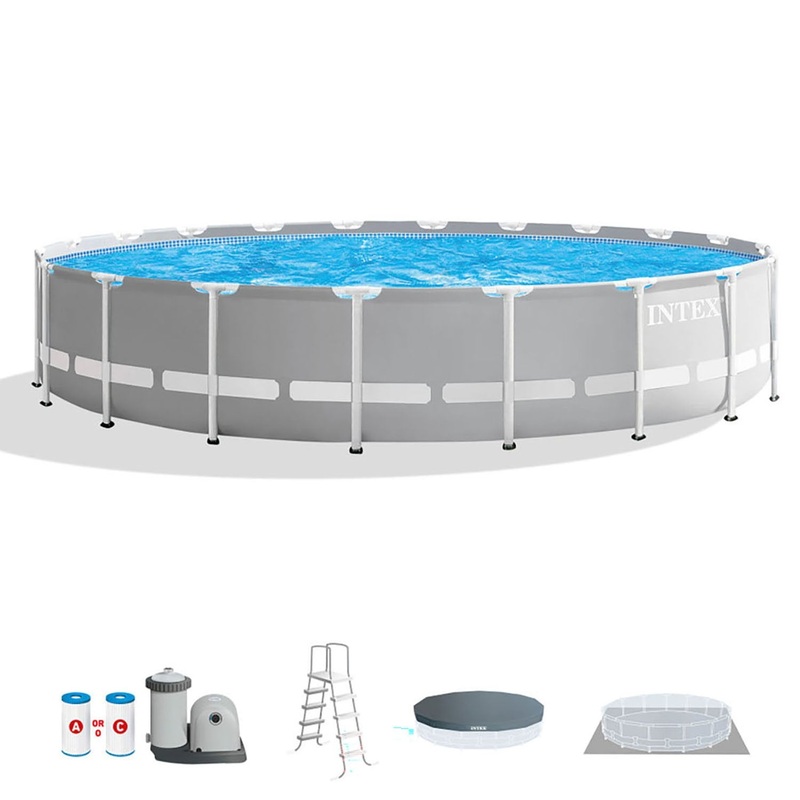 Intex 20 Foot x 52 Inch Steel Frame Round Outdoor Above Ground Swimming Pool Set, Gray