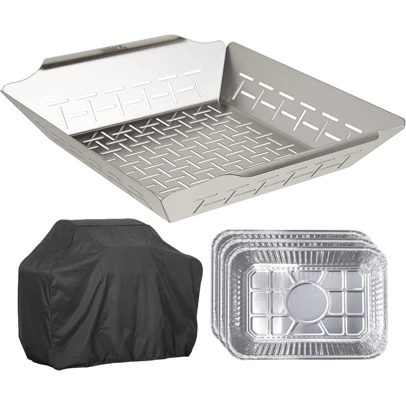 Weber Deluxe Stainless Steel Grilling Basket Large with Grill Cover & Drip Pans