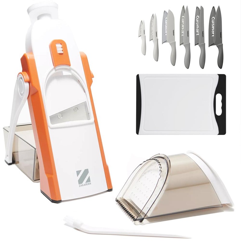 Dash Safe Slice Mandoline Slicer, Dicer, Orange + Knife Set + Cutting Board Bundle