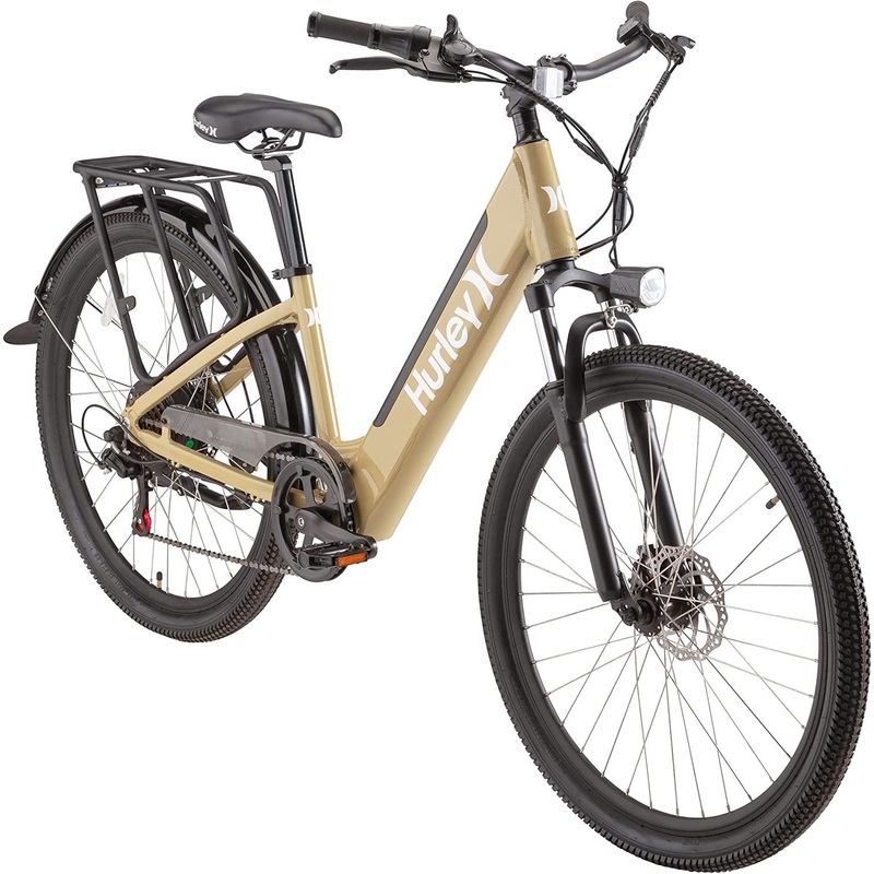 Hurley Pizza Bike 19" Electric Bike, 7-Speed, Rear Rack, Khaki (HE-20-KH-19)