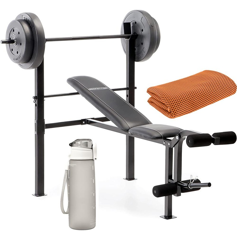 Marcy Adjustable Workout Bench w/ 80 lbs Weight Set Combo + Water Bottle Bundle