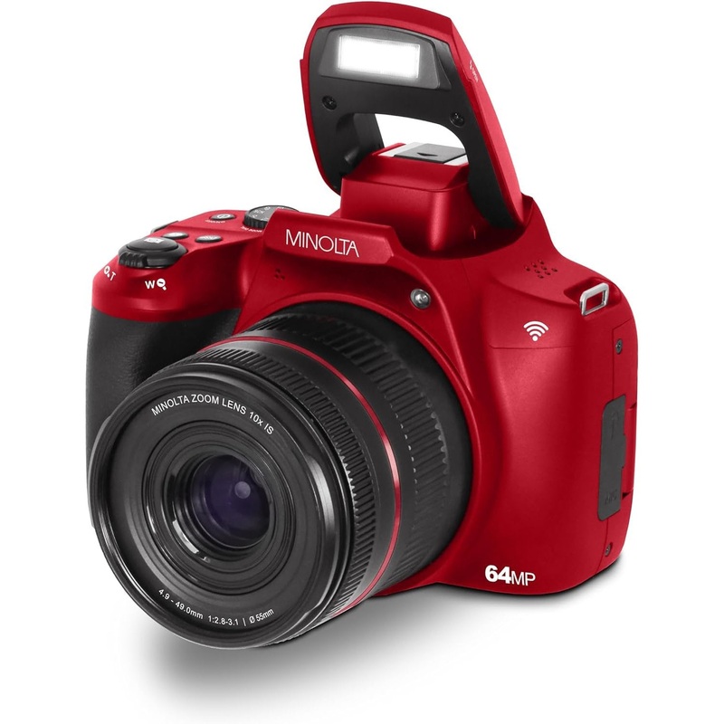 Minolta 64MP Auto Focus Digital Camera 10x Optical Zoom, 4K Ultra HD Video (Red)