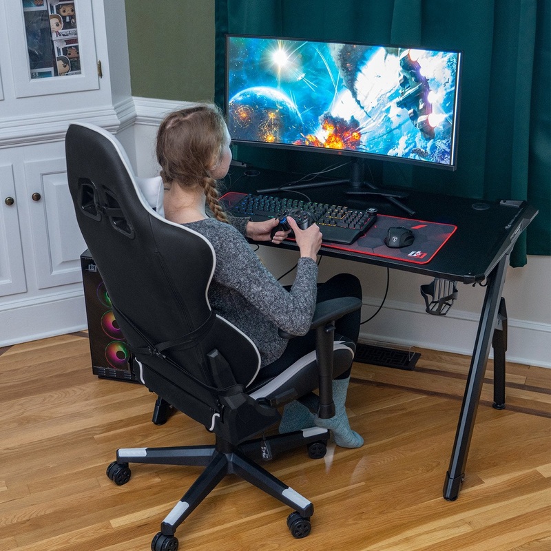 Deco Gear Ergonomic Foam Gaming Chair with Adjustable Head and Lumbar Support, White