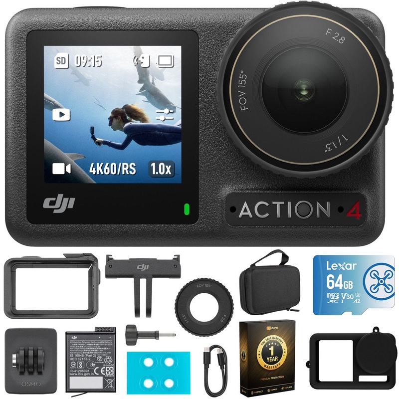 DJI Osmo Action 4 Standard Combo with 64GB Pro Accessory Bundle and 1 YR Warranty