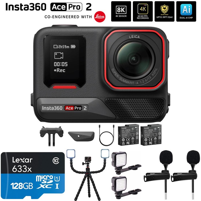 Insta360 Ace Pro 2 8K Waterproof Action Camera Dual Battery + Accessories Bundle