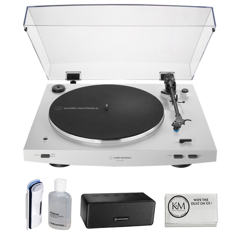Audio-Technica Consumer AT-LP3XBT Fully Automatic Two-Speed Turntable with Bluetooth (White) Bundle with AT-SP65XBT Portable Wireless Bluetooth Speaker & AT6012 Vinyl Record Cleaning Kit (4 Items)