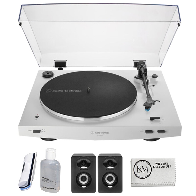 Audio-Technica Consumer AT-LP3XBT Fully Automatic Two-Speed Turntable with Bluetooth (White) Bundle with Studio Monitors with Bluetooth & Record Cleaning Tool & Record Cover Stand + Cloth (4 Items)