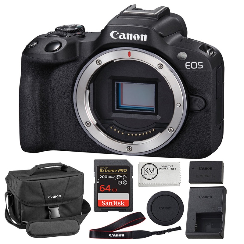 Canon EOS R50 Mirrorless Camera | Black Bundled with 64GB Memory Card + Canon 200ES Camera Bag + Microfiber Cleaning Cloth (4 Items)