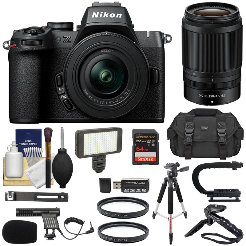 Nikon Z50 II Mirrorless Camera with 16-50mm & 50-250mm Lenses Bundle with 64GB Card + Tripod + Hand Grip + 2 Filters + Video Light + Cleaning Kit + Card Reader + Microphone + Camera Bag (12 Items)