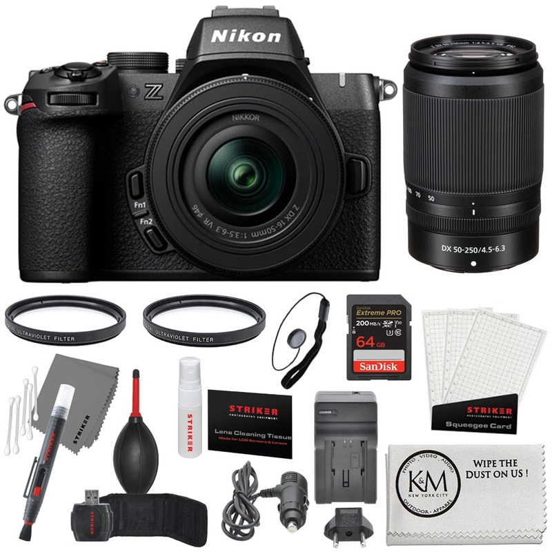Nikon Z50 II Mirrorless Camera with 16-50mm & 50-250mm Lenses Bundle with 64GB Memory Card + 2 UV Filters + Battery Charger + Deluxe Photo Starter Kit + Cleaning Cloth (7 Item)