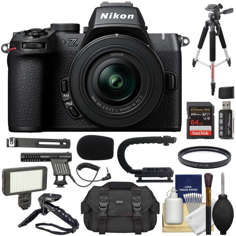 Nikon Z50 II Mirrorless Camera with 16-50mm Lens Bundle with 64GB Card + Tripod + Hand Grip + UV Filter + LED Video Light + Cleaning Kit + Card Reader + Microphone + Camera Bag (11 Items)