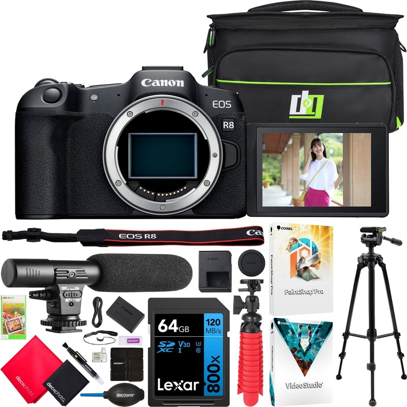 Canon EOS R8 Full Frame Mirrorless Camera Body Renewed +Microphone & Tripod Kit Bundle