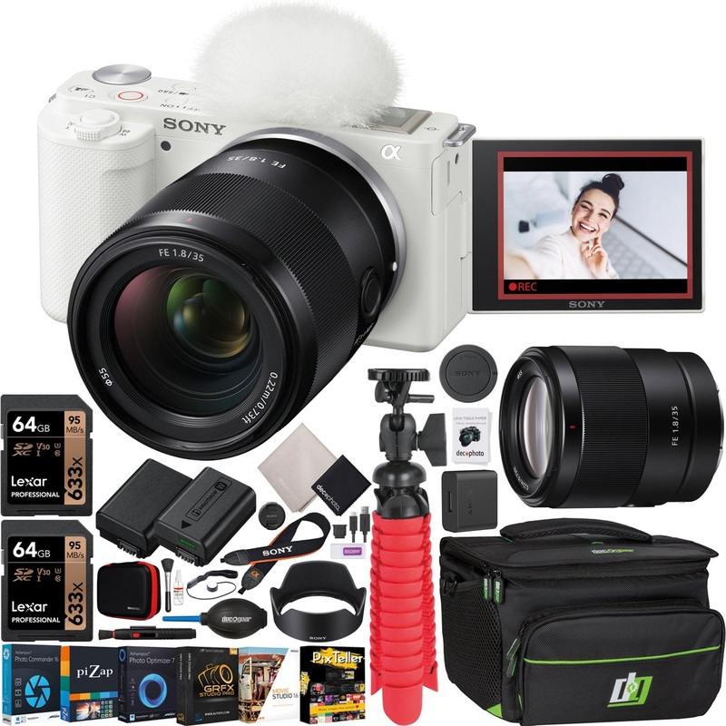Sony ZV-E10 Mirrorless Alpha APS-C Vlog Camera Body + 35mm F1.8 Lens White Bundle