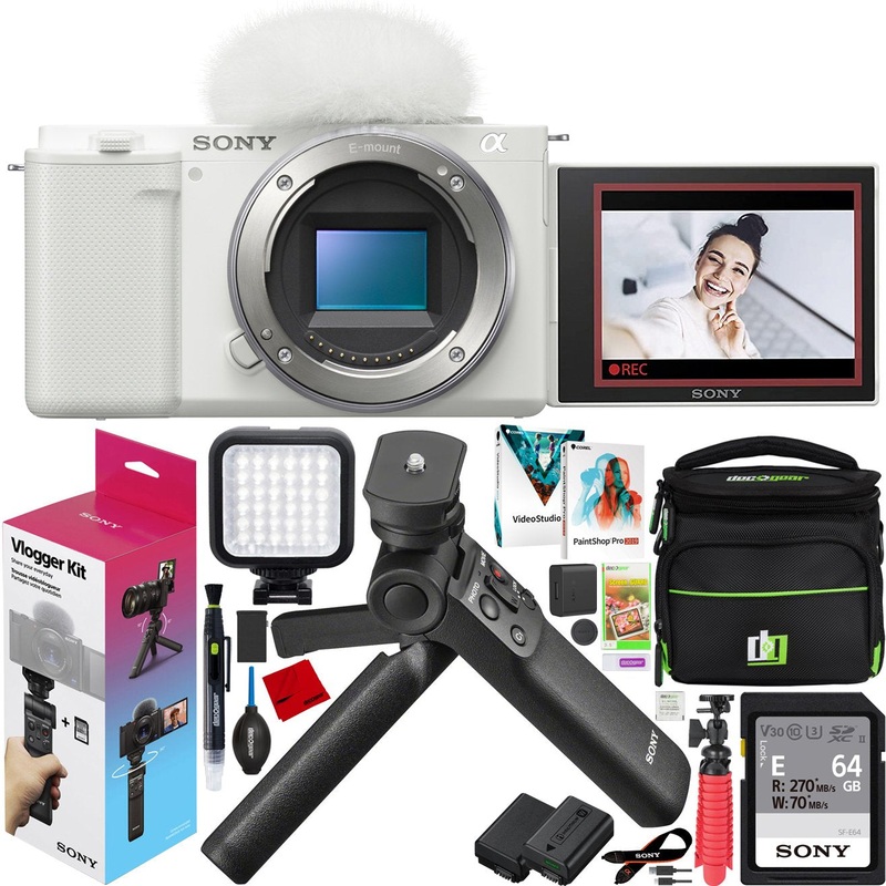 Sony ZV-E10 Mirrorless APS-C Alpha Vlog Camera Body + ACCVC1 Vlogger Kit White Bundle
