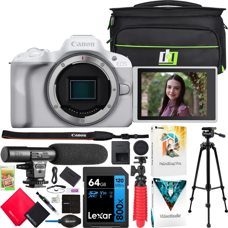 Canon EOS R50 Mirrorless Camera Body White + Microphone & Tripod Accessories Bundle