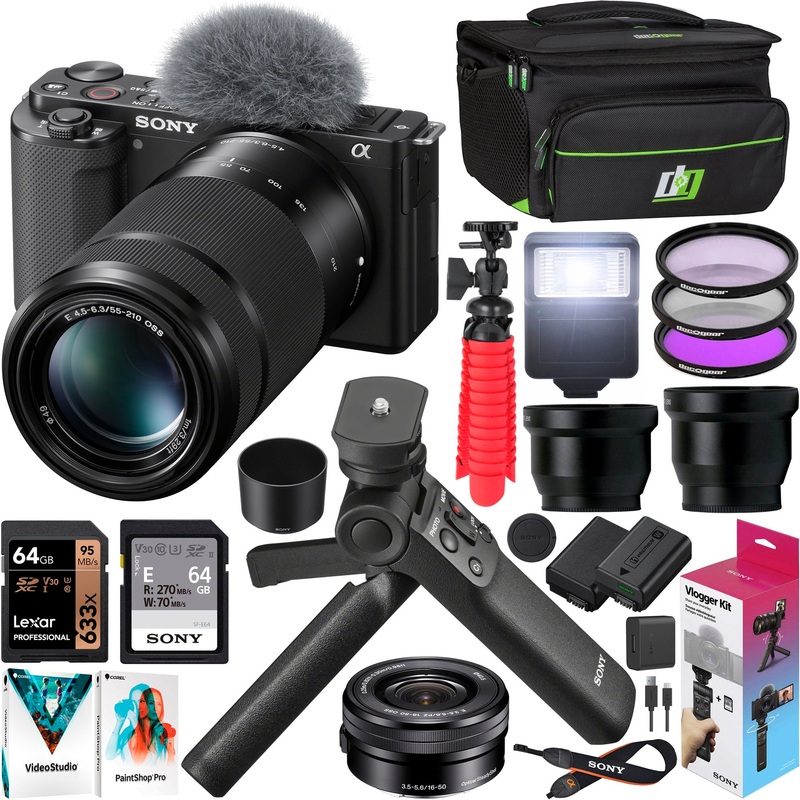 Sony ZV-E10 Mirrorless Vlog Camera 2 Lens Kit 16-50mm 55-210mm + ACCVC1 Black Bundle