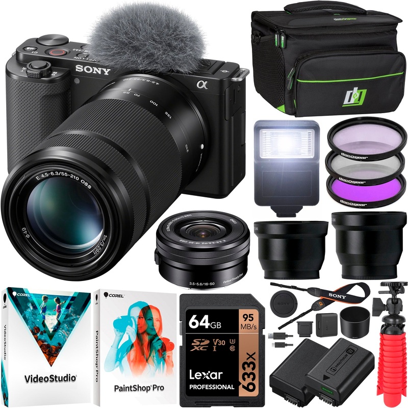 Sony ZV-E10 Mirrorless Vlog Camera Body + 2 Lens Kit 16-50mm + 55-210mm Black Bundle