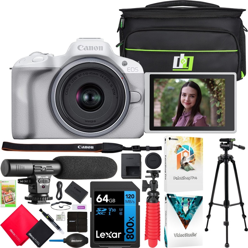 Canon EOS R50 Mirrorless Camera White + RF-S 18-45mm F4.5-6.3 IS STM Lens + Pro Bundle